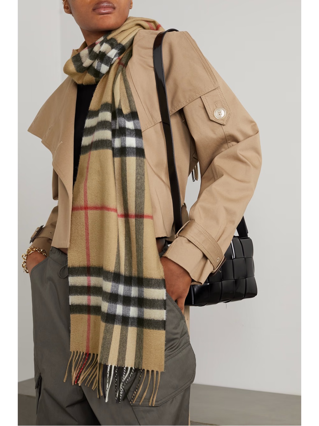 Burberry Classic Tan Check Scarf With Black, White And Red Stripes